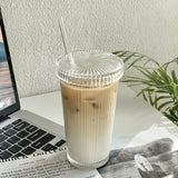 Glass Coffee Mug with Straw Transparent Straw Glass Mug with Lid Household Vertical Stripe Water Mug Drinkware