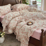 Vintage Oil Painting Style Flowers Ruffles Bedding Set Double Layer Yarn 100% Cotton Duvet Cover Flat/Fitted Sheet Pillowcases