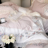 Chic Flower Embroidery Ruffles Princess Bedding Set 1000TC Egyptian Cotton Duvet Cover Flat/Fitted Bed Sheet Pillowcases 4Pcs