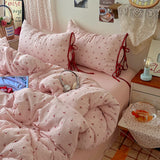 Ins Cherry Bedding Set Bow Tie Closure Duvet Cover Set Soft Flat Sheet Single Double Bed Sheet Set For Girls Bedroom