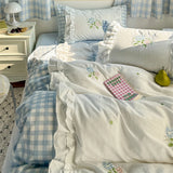 Korean Princess Style Double Layer Lace Flower Embroidery 100% Cotton Bedding Set Plaid Style Duvet Covers Bed Sheet Pillowcases