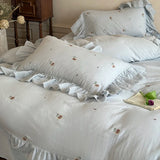 Embroidery Ruffles Princess Bedding Set Double Layer Crepe Yarn Pure Cotton Soft Duvet Cover Flat/Fitted Bed Sheet Pillowcases