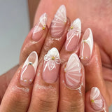 24pcs Light Pink Smudge Press on Nails Gold Leafing Nail Art Sweet 3D Floral Fake Nails Pearl Bow French False Nails Almond Nail