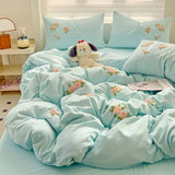 3/4Pcs Washed Cotton Skin-friendly Soft Princess Rose Towel Embroidery Flowers Bedding Set Soft Duvet Cover Bed Sheet Pillowcase