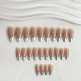 24Pcs Mid-length French Fake Nail with Silver Edge Design Round Head Almond False Nail Wearable Simple Finished Press on Nails