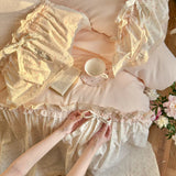 3/4Pcs Bedding Set French-Inspired, Girly, Princess-Style Bows and Lace Pink Duvet Cover Pillowcase Bedding Full Set Double Bed