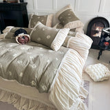 Flowers Prints Pleated Ruffles Princess Bedding Set 100% Cotton Double Layer Yarn Duvet Cover Quilted Bedspread Pillowcases 4Pcs