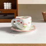 1Pc280Ml Original Design Scandinavian Style Hand-Kneaded Ceramic Coffee Cup and Saucer Multi-Color Plaid Heart Blue Sky and White Clouds Flower Mug Suitable for Afternoon Tea Milk Cup and Saucer Latte Cup Dessert Plate Cup an