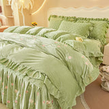 Luxury Winter Thickened Velvet Rose Flowers Embroidery Bedding Set Ruffles Duvet Cover, Quilted Bedspread, Bed Skirt, Pillowcase
