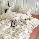 3/4Pcs Vintage French Floral Ruffles Knitted Cotton Double Yarn Soft Skin-friendly Bedding Set Duvet Cover Bed Sheet Pillowcases