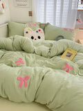 Ins Style Girl Blue 1.5m/1.8m Fitted Sheet Bow Towel Bedding Set Embroidery Washed Cotton Four-piece Set Bed Sheet Three-piece