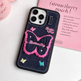 Embroidery Butterfly Jean Cloth Denim Case For iPhone 12 13 14 15 16 Pro Max 11 Phone Case with Pendant Keychain Soft Back Cover