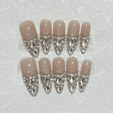 10PCS wearable french pink nails with bubble diamonds full cover handmade false nails with glue ballet long coffin press on nail