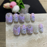 10pcs Butterfly Flower Fake Nails Medium Coffin False Nails Pearl Gradient Press on Nails French Nail Art Sweet Cool Nail Tips