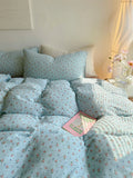 Blue Floral Cotton Quilt Set 4-Piece Folded Linen Pure Cotton Naked Sp Country Sle Bedding Set for Girls