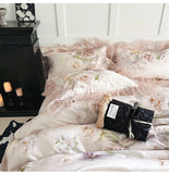 Rose Flower Print Bedding Set Luxury Lyocell Cotton Chiffon Lace Ruffles Duvet Cover Bed Sheet/Bed Skirt/Fitted Sheet Pillowcase