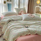 INS Girls Cherry Soft Bedding Set Washed Cotton Bed Sheet Queen King Size Duvet Set Flower Comforter Set Pillowcase Bed Linens