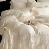 Flowers Embroidery Romantic Lace Edge Bedding Set 800TC Lyocell Silky Cooling Duvet Cover Flat/Fitted Bed Sheet Pillowcases 4Pcs