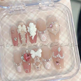 Handmade Press On Nails Ballet Ribbon Blush Fake Nails With Angel Diamond Decor French Tip Pink Gradient False Y2k Nails Long