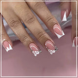 24Pcs White Fake Nails Press on Nails French Pink Bow Design Gentle Flower Acrylic False Nail with Jelly Glue Wearable Manicure