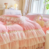 4Pcs Korean Princess Style Winter Thick Warm Milk Velvet Bedding Set Three-layer Lace Ruffles Duver Cover Bed Skirt Pillowcases