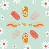 Short Oval Press on Nails Summer Fake Nails Orange Nails Press ons with Wave Flower Design Acrylic Artificial Glue on Nails