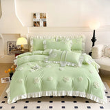 Korean Princess Style Flowers Lace Ruffles Bedding Set Comforter Queen King 4Pcs Duvet Cover Bed Sheet/Fitted Sheet Pillowcase