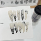 10Pcs Brown Handmade Press on Nails Pearl Golden Autumn-winter French Metal Line Almond Artificial False Nails Wearable Manicure