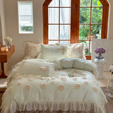 120S Egyptian Cotton Princess Wedding Bedding Set Luxury Rose Embroidery Duvet Cover Lace Quilted Bedspread Bed Skirt Pillowcase