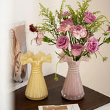 Modern Pastel Pink Yellow Glass Vase Wavy Ruffled Mouth Floral Vase for Living Room Kitchen Table Home Display Ornament