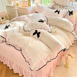 Korean Princess Style With Black Bow Lace Ruffles Pleat Milk Velvet Bedding Set Bedroom Decor Duvet Cover Bed Sheet Pillowcase