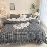 4/6Pcs Black&white Plaid 100% Cotton Bedding Set Romantic Lace Ruffles Washed Cotton Duvet Cover Bed Skirt Bedspread Pillowcases