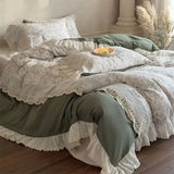 Vintage French Floral Lace Ruffles Bedding Set 100% Cotton Double Yarn Soft Duvet Cover Flat/Fitted Bed Sheet Pillowcases 4Pcs