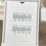 10Pcs Crystal Cat Eye False Nails French Gradient Fake Nails Colorful Mini Flowers Press on Nail Cute Bowknot Nails Art Handmade