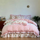 100% Cotton Korean Princess Style Rose Floral Plaid Ruffles Bedding Set Queen King Size Duvet Cover Bed Sheet Pillowcases 4Pcs