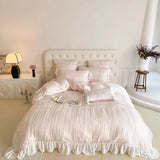 Pink Romantic Lace Princess Wedding Bedding Set Lyocell Bamboo Fiber Soft Silky Duvet Cover Flat/Fitted Bed Sheet Pillowcases