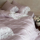 Vintage Rose Jacquard Lyocell Soft Silky Cooling Hollow Lace Edge Bedding Set Duvet Cover Flat/Fitted Bed Sheet Pillowcases 4Pcs