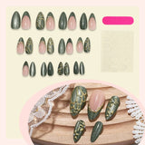 3D Flower Acrylic Fake Nail Press on Nails Glossy Green Glitter Stick on Fingernail French Tips Medium Almond False Nails 24Pcs