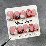 10pcs Sweet Nude Pink Handmade Press on Nails Art Bow Design Short Square Fake Nail Tips Flower Diamond Design French False Nail