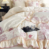 1000TC Egyptian Cotton Flowers Plant Leopard Embroidery Ruffles Bedding Set Duvet Cover Set Flat/Fitted Sheet Pillowcases 4Pcs