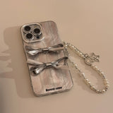 3D Silver Bow Tie Phone Case for IPhone 16 15 14promax 13 12Pro 11 Light Luxury Compatible Full Package Hanging Chain Design