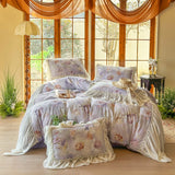100% Cotton Double-layer yarn Bedding Set Vintage Chic Flowers Wide Chiffon Ruffle Edge Duvet cover Bed Sheet Pillowcases 4Pcs