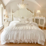 4/6Pcs Princess Wedding Bedding Set 600TC Egyptian Cotton Double Layer Lace Ruffles Duvet Cover Bed Skirt Bedspread Pillowcases