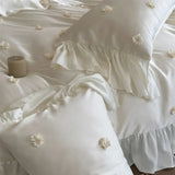 Flowers Ruffles Princess Bedding Set Brocade Lyocell Bamboo Fiber Soft Silky Duvet Cover Flat/Fitted Bed Sheet Pillowcases 4Pcs
