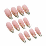 24Pcs Mid-length Almond Wearable Fake Nails Pink Cat's Eye French Press on False Nails 3D Gilded Flower Fake Nails Press on