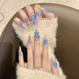Press On Acyrlic Nails Pink Blue Gradient Fake Nails 3D Crystal Butterfly Decor Handmade False Nails Long Almond Full Diamonds