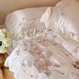 Flowers Embroidery Lace Ruffles Wedding Bedding Set Lyocell Silky Cooling Duvet Cover Set Flat/Fitted Bed Sheet Pillowcases 4Pcs