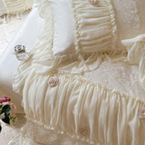 Three-dimensional Rose Lace Ruffles Princess Wedding Bedding Set Egyptian Cotton Duvet Cover Flat/Fitted Bed Sheet Pillowcases