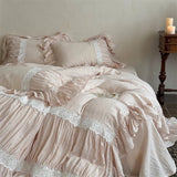 Vintage Pleated Lace Ruffles Princess Bedding Set Double Layer Yarn 100% Cotton Duvet Cover Flat/Fitted Bed Sheet Pillowcases