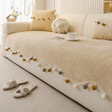 Irregular Solid Chenille Sofa Cushion with Fur Ball Non-Slip Couch Slipcover for Four Seasons Dustproof Anti-Dirt Sofa Towel